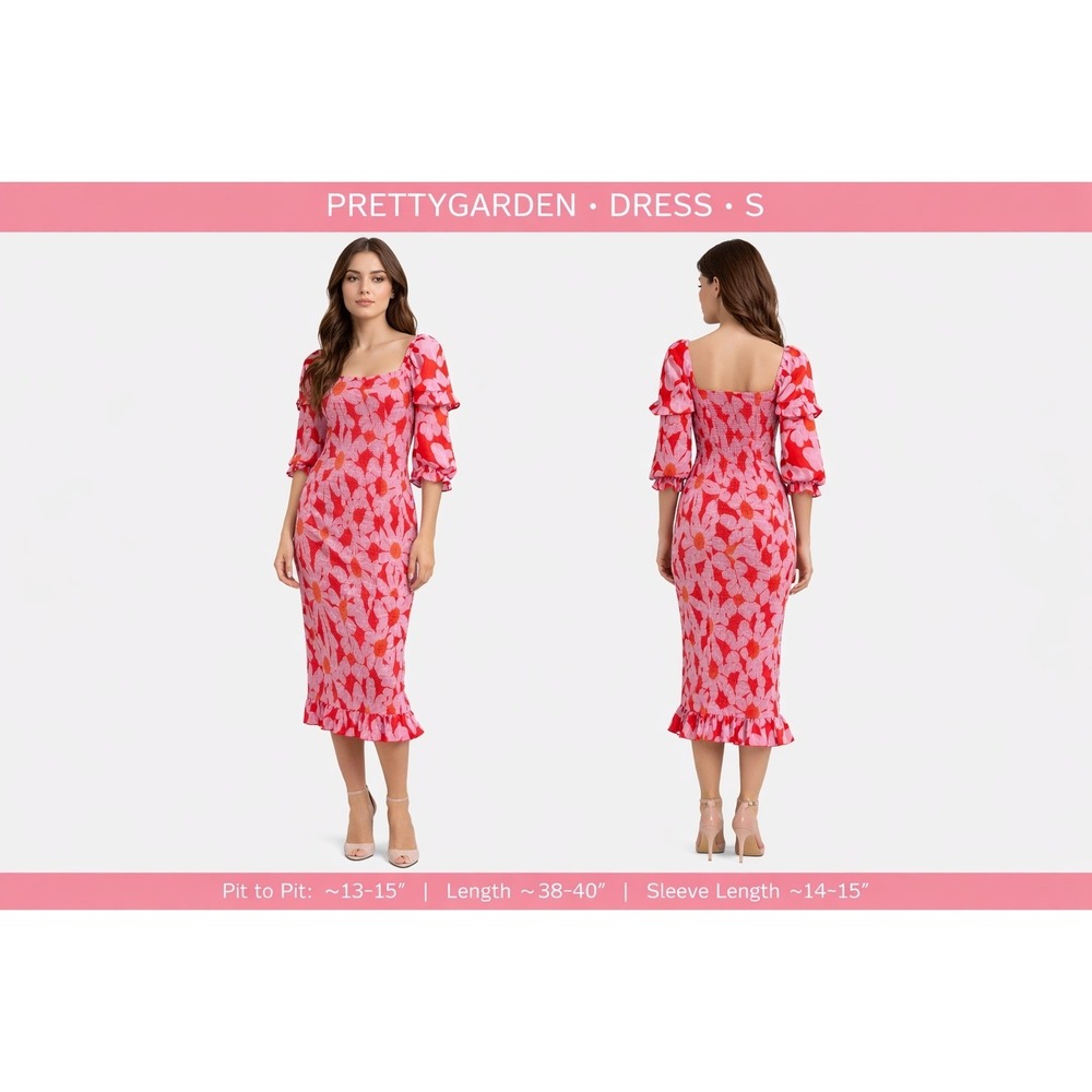 PrettyGarden Pink Floral Smocked Midi Dress S Kentucky Derby Garden